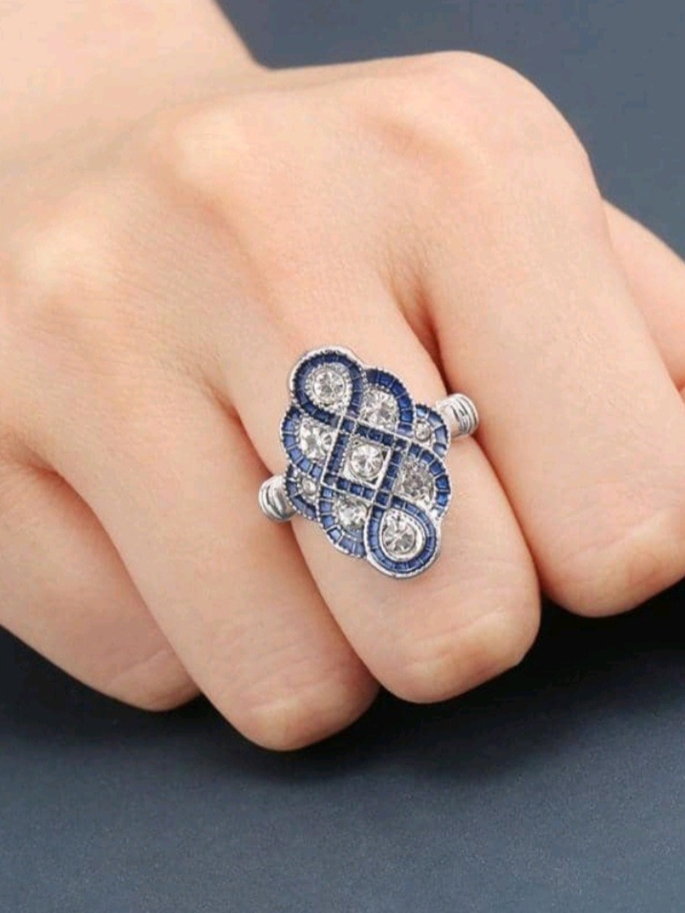 Elegant Sparkle Blue Silver Tone Vintage-Style Cocktail Fashion Ring 6.5 New!